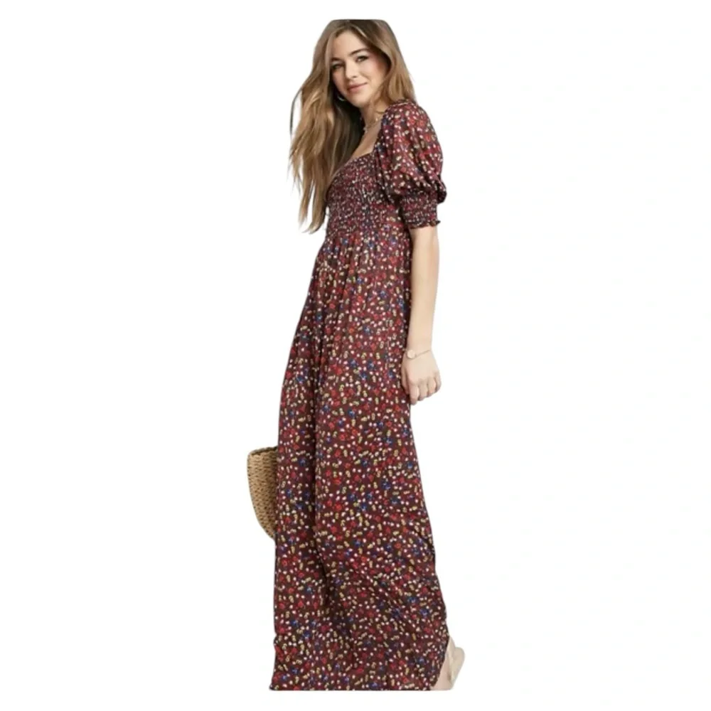 ASOS Burgundy Floral Smocked Puff Sleeve Maxi Dress Sundress Size US 16 - Picture 4 of 10